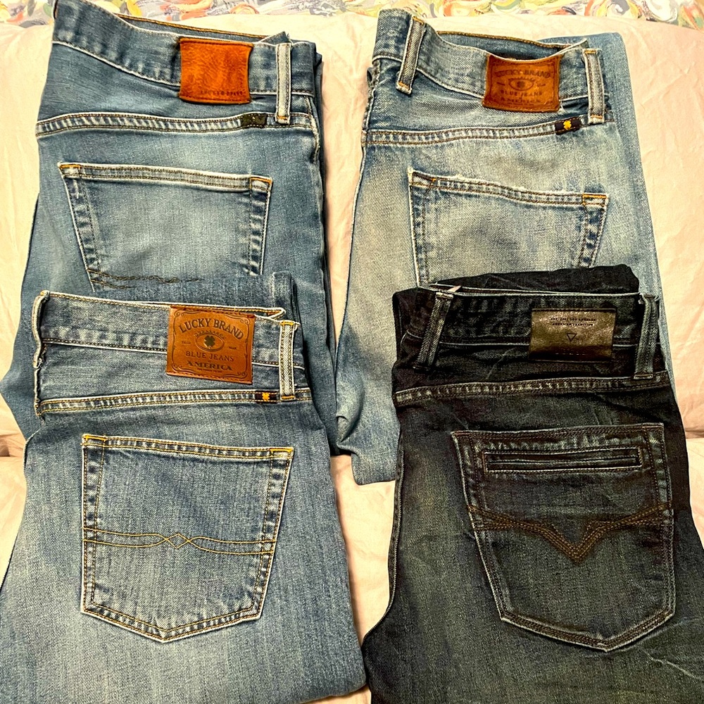 3 pairs 32” waist Lucky Brand jeans & 1 pair 32” Waist Guess Jeans.